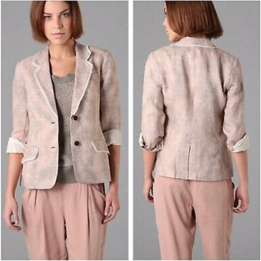 ELIZABETH & JAMES Fringe Distressed Linen Cotton Boho Blazer Size 2 Career Beige